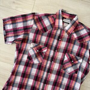 Vintage Western Karman‎ Pearl Snap Shirt Mens M Wrangler Rodeo Red Plaid Cowboy